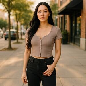 Brandy Melville John Galt Womens Top Taupe Ribbed Button Up Zelly Y2K Cropped